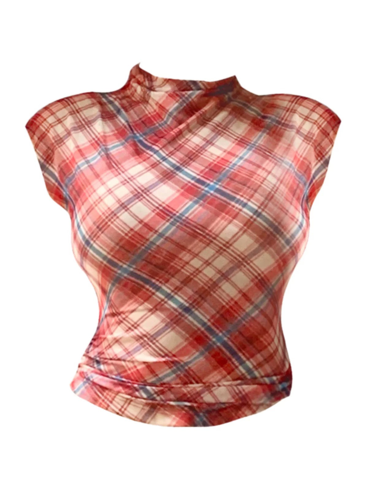 Plaid Mesh Off-Shoulder Crop Top – Spicy Slim Fit Tee