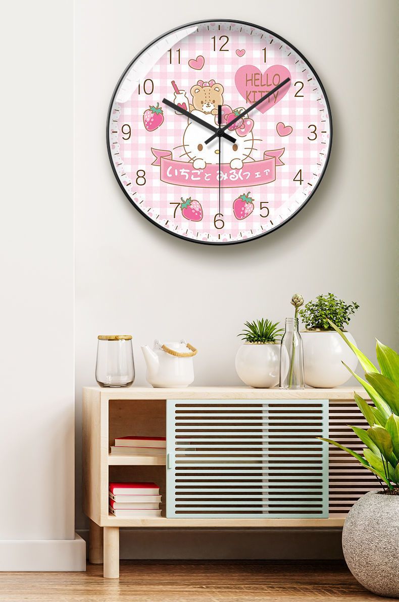 Cute Hello Kitty wall clock for children's room, fun quartz clock for kids' room, small fresh cartoon design, no-drill installation