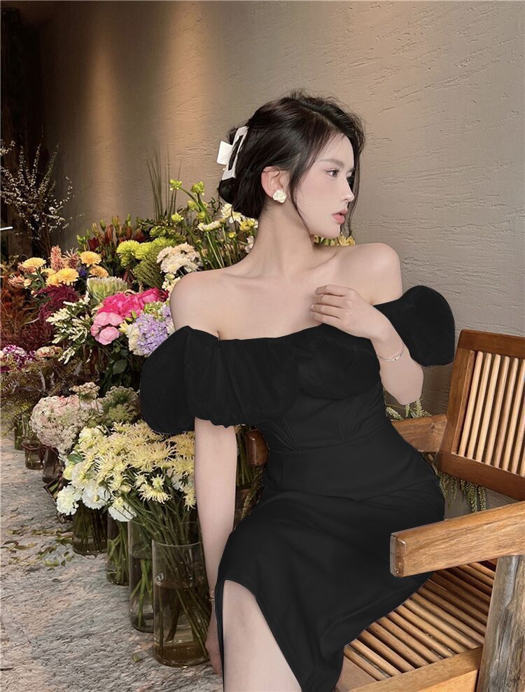 French elegant off-shoulder slim-fitting hip high-end seaside vacation dress