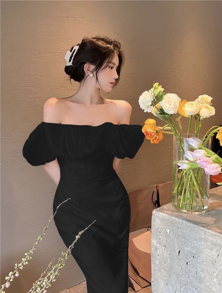 French elegant off-shoulder slim-fitting hip high-end seaside vacation dress