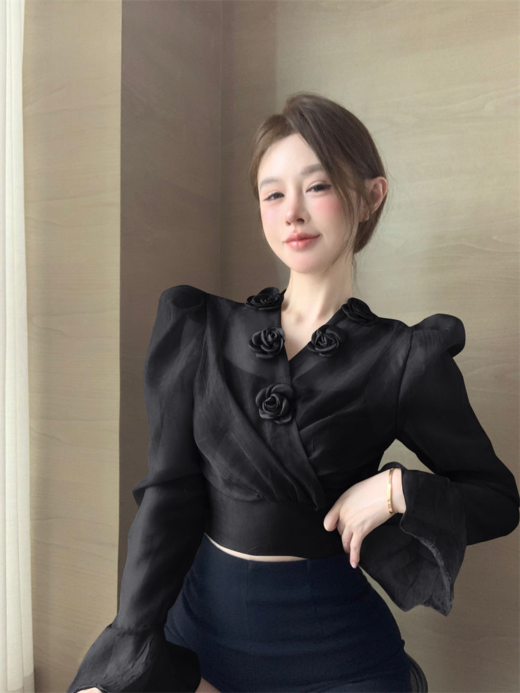 Elegant 3D Floral Blouse – French Tie-Waist Sheer Wrap Shirt