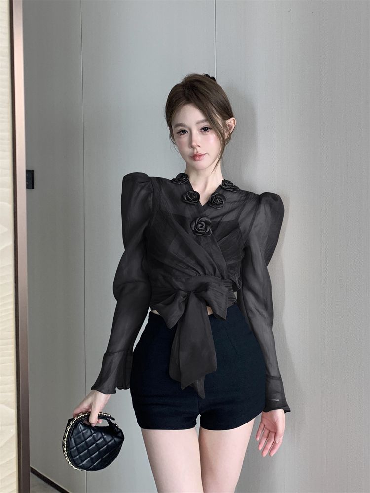 Elegant 3D Floral Blouse – French Tie-Waist Sheer Wrap Shirt