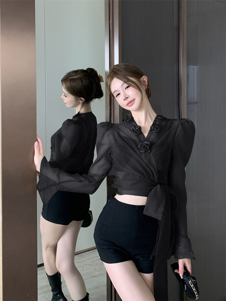 Elegant 3D Floral Blouse – French Tie-Waist Sheer Wrap Shirt