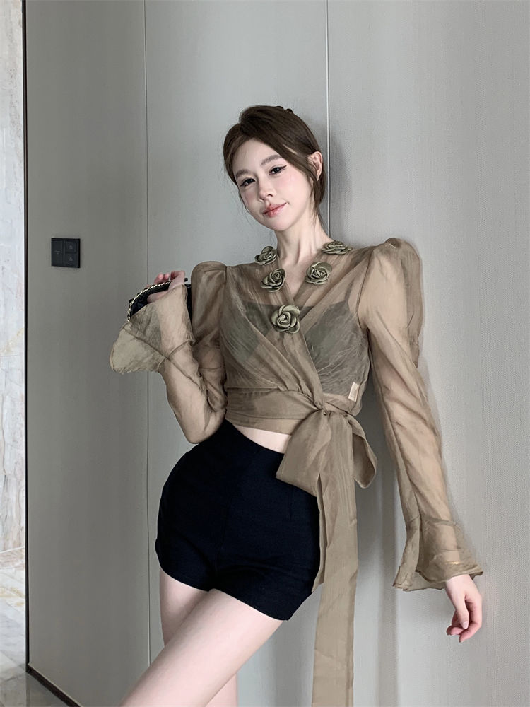 Elegant 3D Floral Blouse – French Tie-Waist Sheer Wrap Shirt