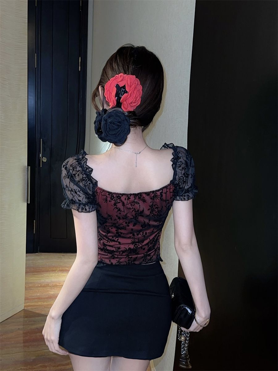 French Square Neck Mesh Lace Puff Sleeve Off-Shoulder Top