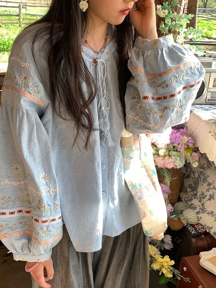 Honey Daisy Embroidered Tassel Blouse – Vintage Loose Fit