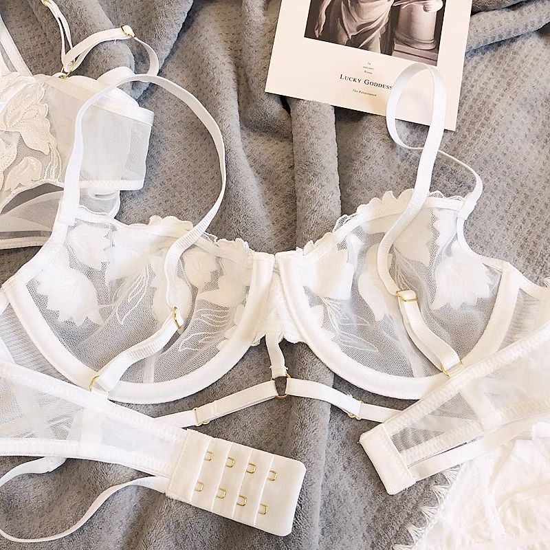 French Embroidered Mesh Lace-Up Ultra-Thin Push-Up Bra Set – Large Bust Minimizing, Soft Underwire