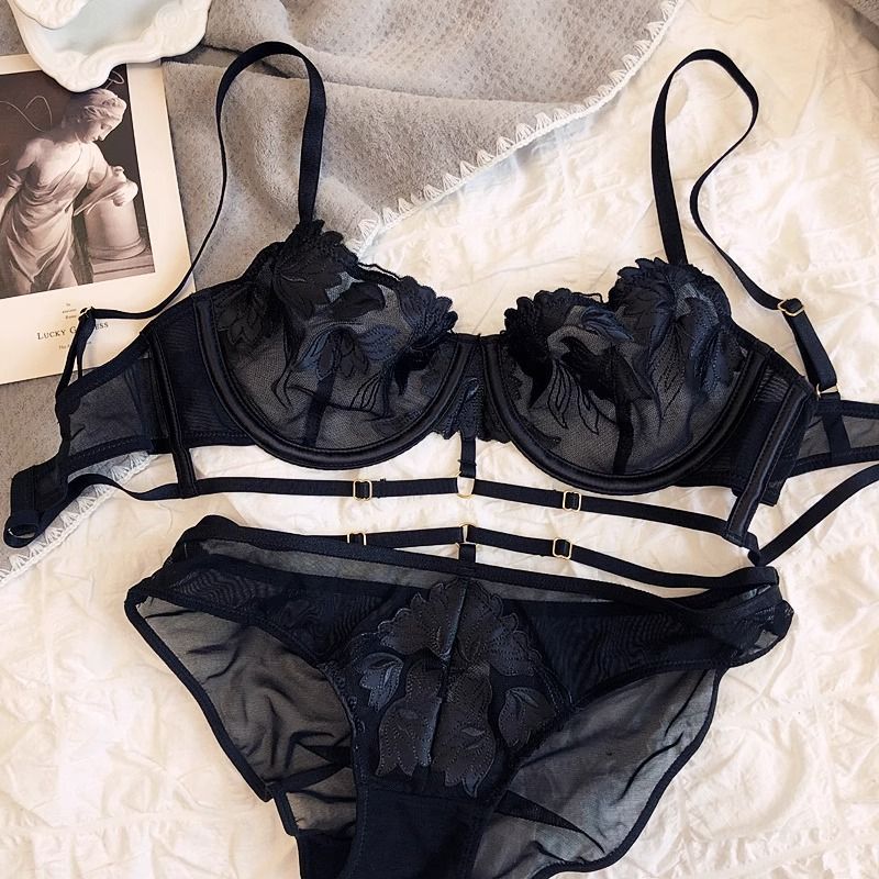 French Embroidered Mesh Lace-Up Ultra-Thin Push-Up Bra Set – Large Bust Minimizing, Soft Underwire