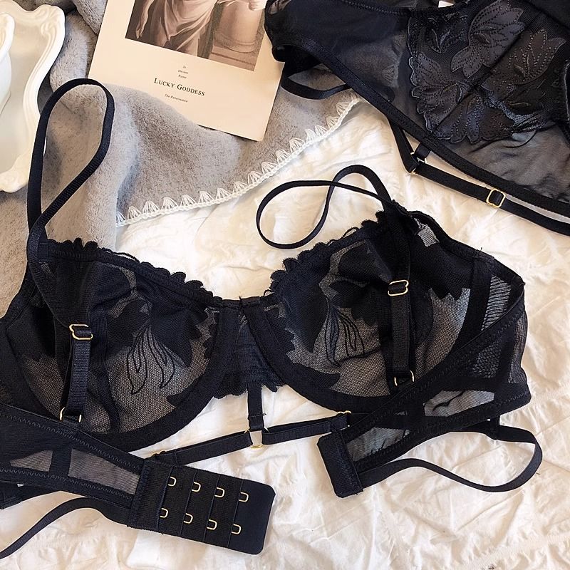French Embroidered Mesh Lace-Up Ultra-Thin Push-Up Bra Set – Large Bust Minimizing, Soft Underwire