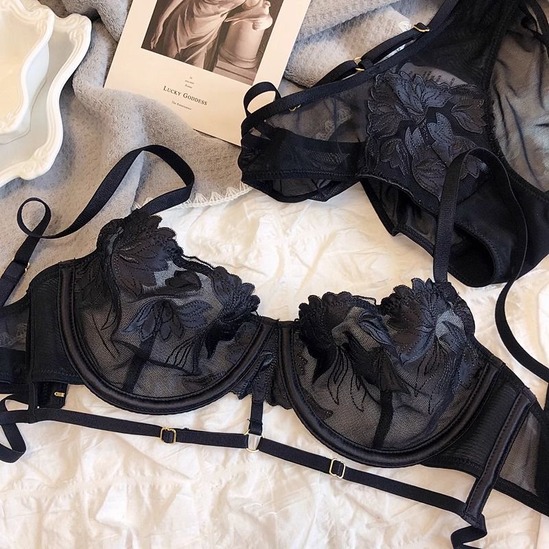 French Embroidered Mesh Lace-Up Ultra-Thin Push-Up Bra Set – Large Bust Minimizing, Soft Underwire