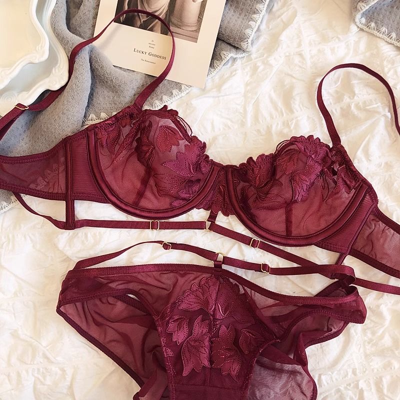 French Embroidered Mesh Lace-Up Ultra-Thin Push-Up Bra Set – Large Bust Minimizing, Soft Underwire
