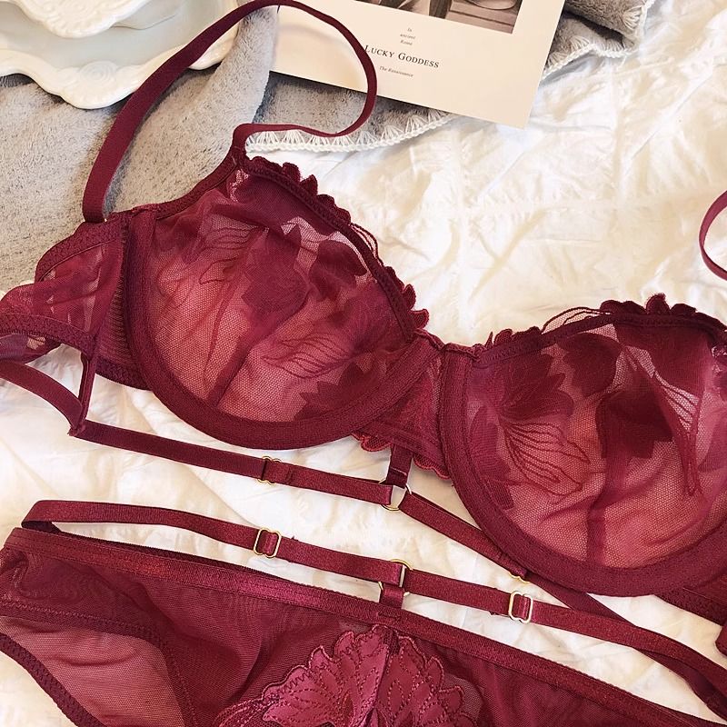 French Embroidered Mesh Lace-Up Ultra-Thin Push-Up Bra Set – Large Bust Minimizing, Soft Underwire