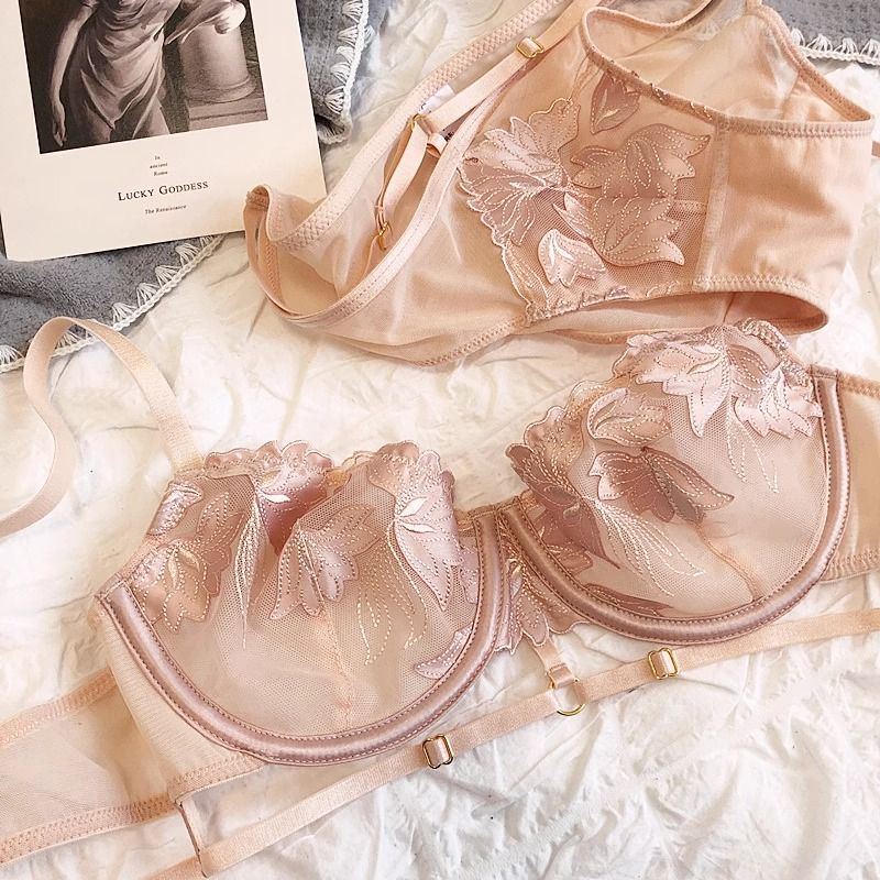 French Embroidered Mesh Lace-Up Ultra-Thin Push-Up Bra Set – Large Bust Minimizing, Soft Underwire
