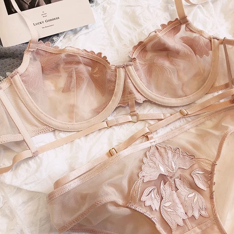 French Embroidered Mesh Lace-Up Ultra-Thin Push-Up Bra Set – Large Bust Minimizing, Soft Underwire