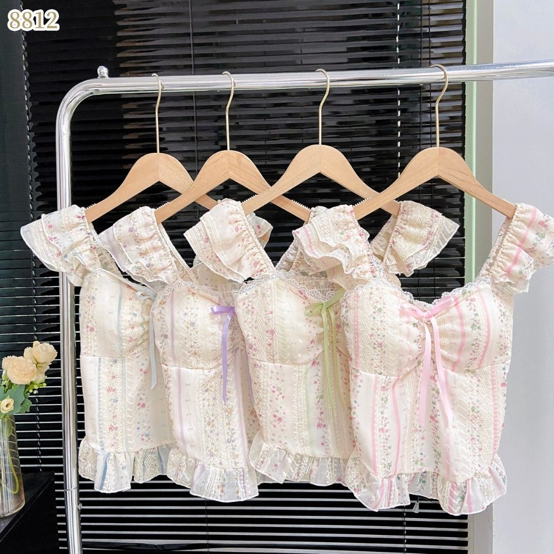 Sweet Style Ruffle Tie-Up Puff Sleeve Shirt –  Floral Square Neck Slim Camisole Top