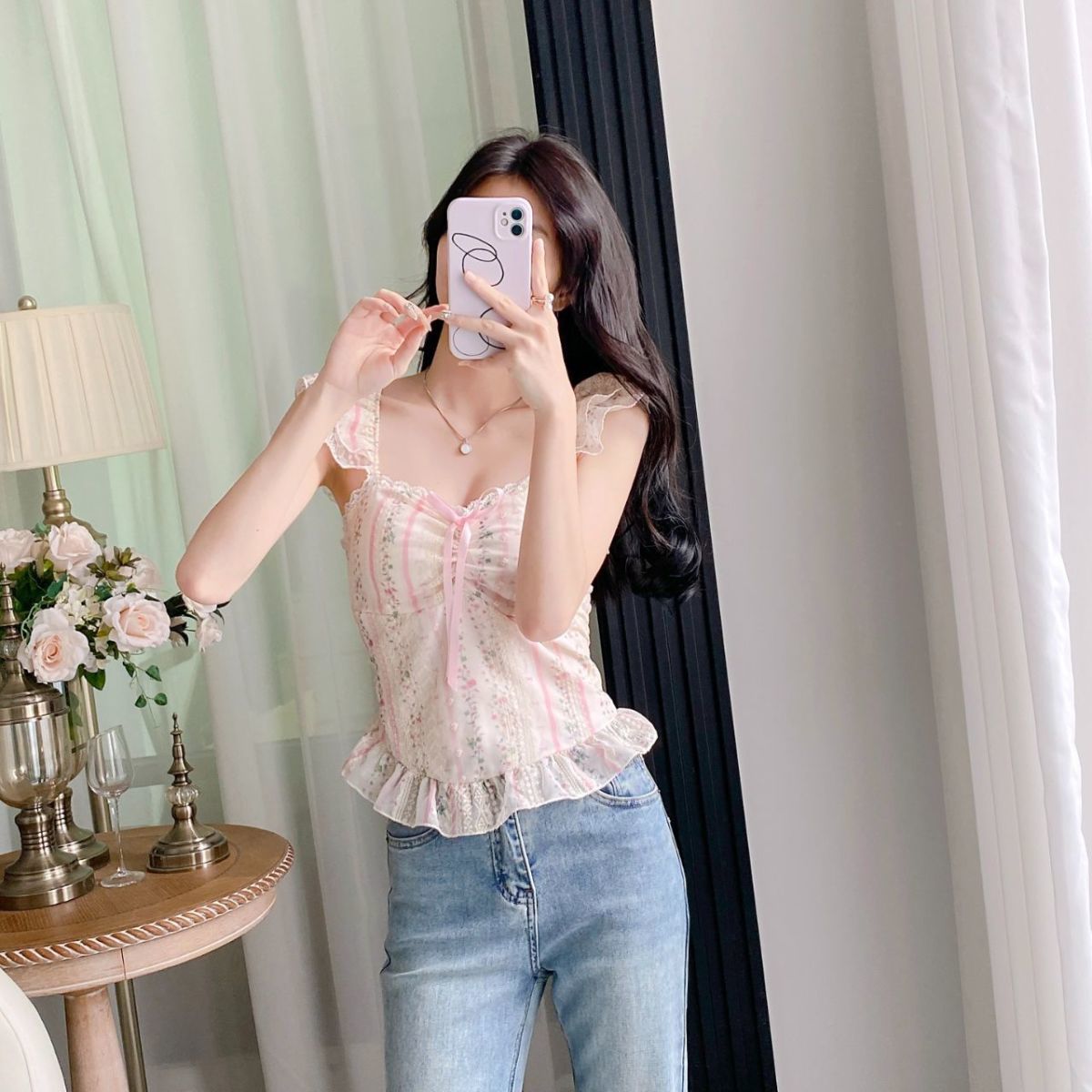 Sweet Style Ruffle Tie-Up Puff Sleeve Shirt –  Floral Square Neck Slim Camisole Top