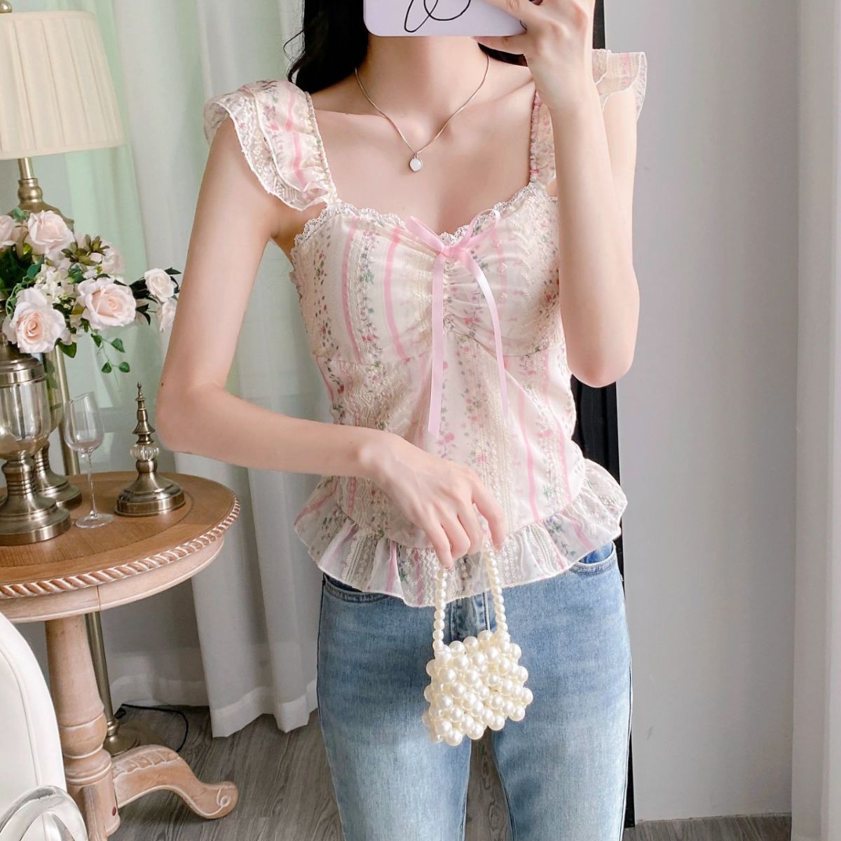 Sweet Style Ruffle Tie-Up Puff Sleeve Shirt –  Floral Square Neck Slim Camisole Top