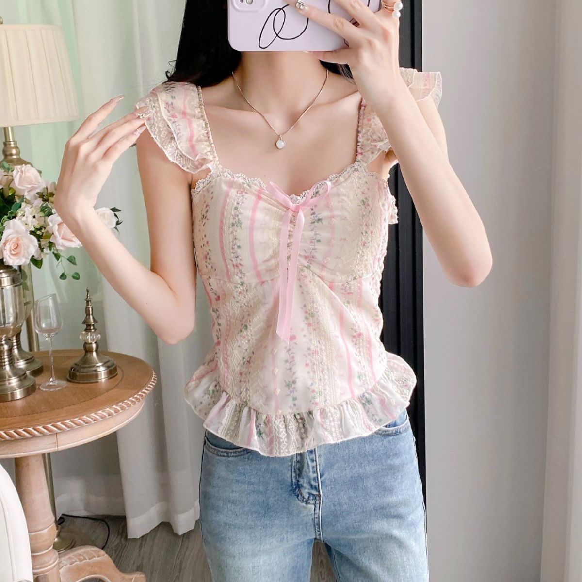 Sweet Style Ruffle Tie-Up Puff Sleeve Shirt –  Floral Square Neck Slim Camisole Top