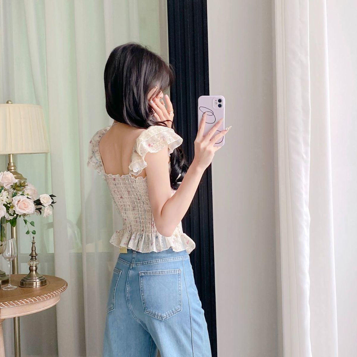 Sweet Style Ruffle Tie-Up Puff Sleeve Shirt –  Floral Square Neck Slim Camisole Top