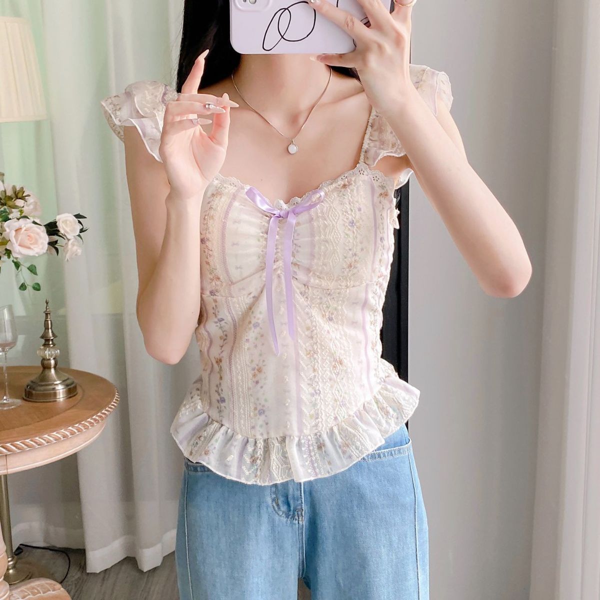 Sweet Style Ruffle Tie-Up Puff Sleeve Shirt –  Floral Square Neck Slim Camisole Top