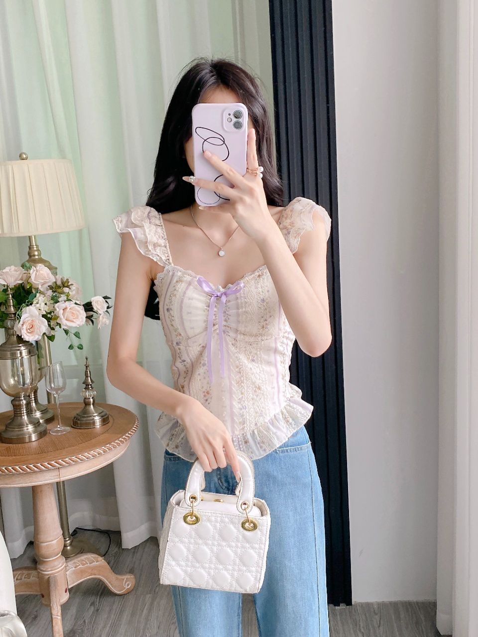 Sweet Style Ruffle Tie-Up Puff Sleeve Shirt –  Floral Square Neck Slim Camisole Top