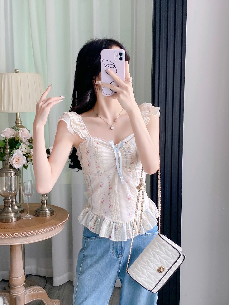 Sweet Style Ruffle Tie-Up Puff Sleeve Shirt –  Floral Square Neck Slim Camisole Top