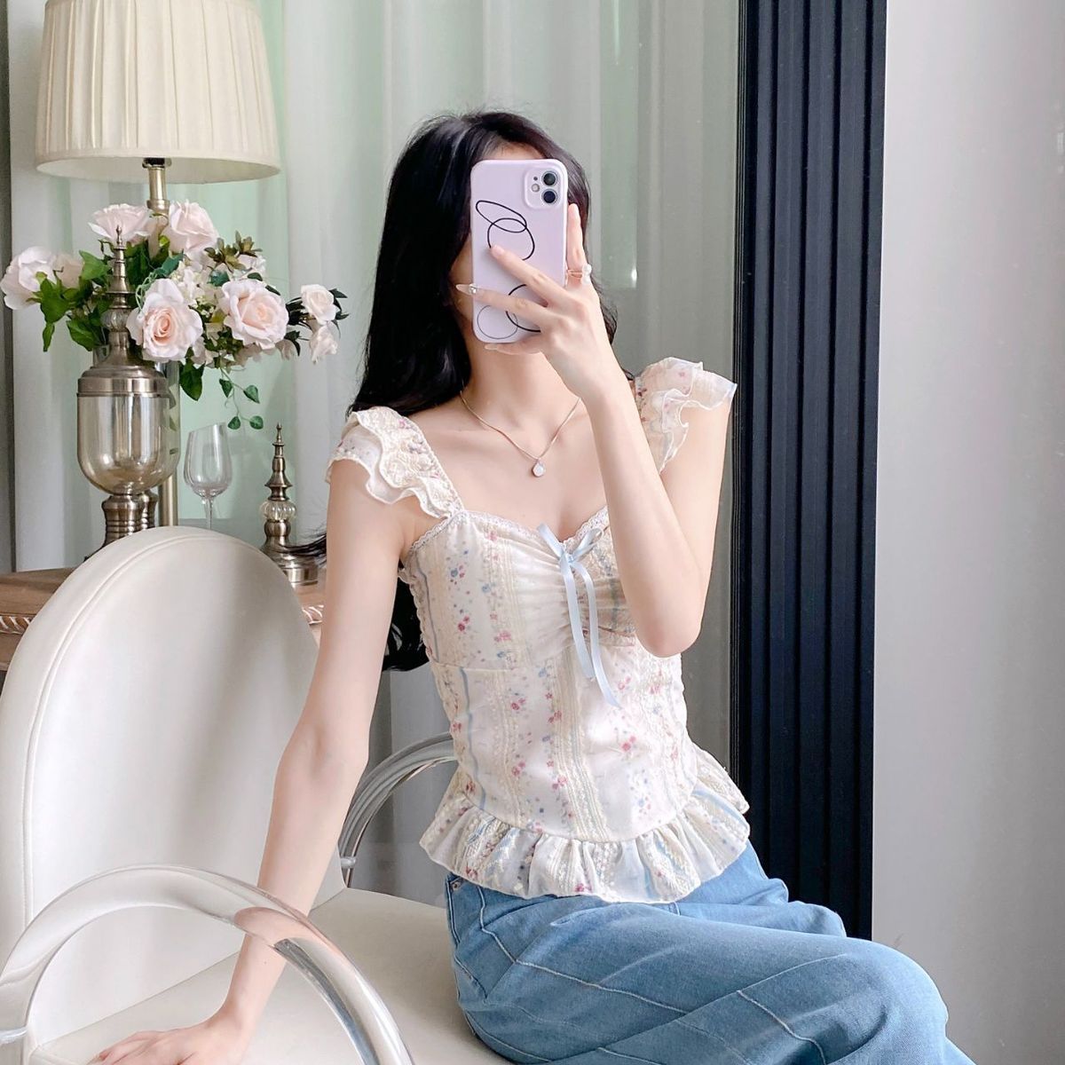Sweet Style Ruffle Tie-Up Puff Sleeve Shirt –  Floral Square Neck Slim Camisole Top