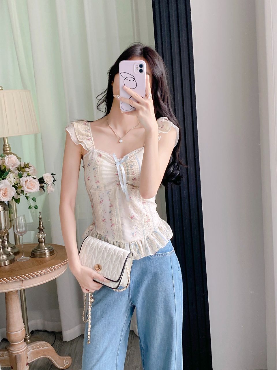 Sweet Style Ruffle Tie-Up Puff Sleeve Shirt –  Floral Square Neck Slim Camisole Top