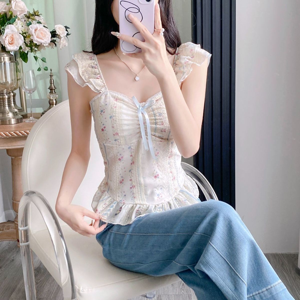 Sweet Style Ruffle Tie-Up Puff Sleeve Shirt –  Floral Square Neck Slim Camisole Top
