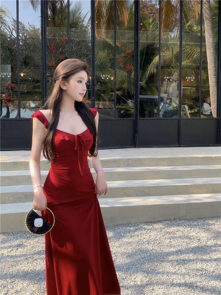 Wine Red Ruffle Tie-Strap Midi Dress – Pure Style A-Line Dress