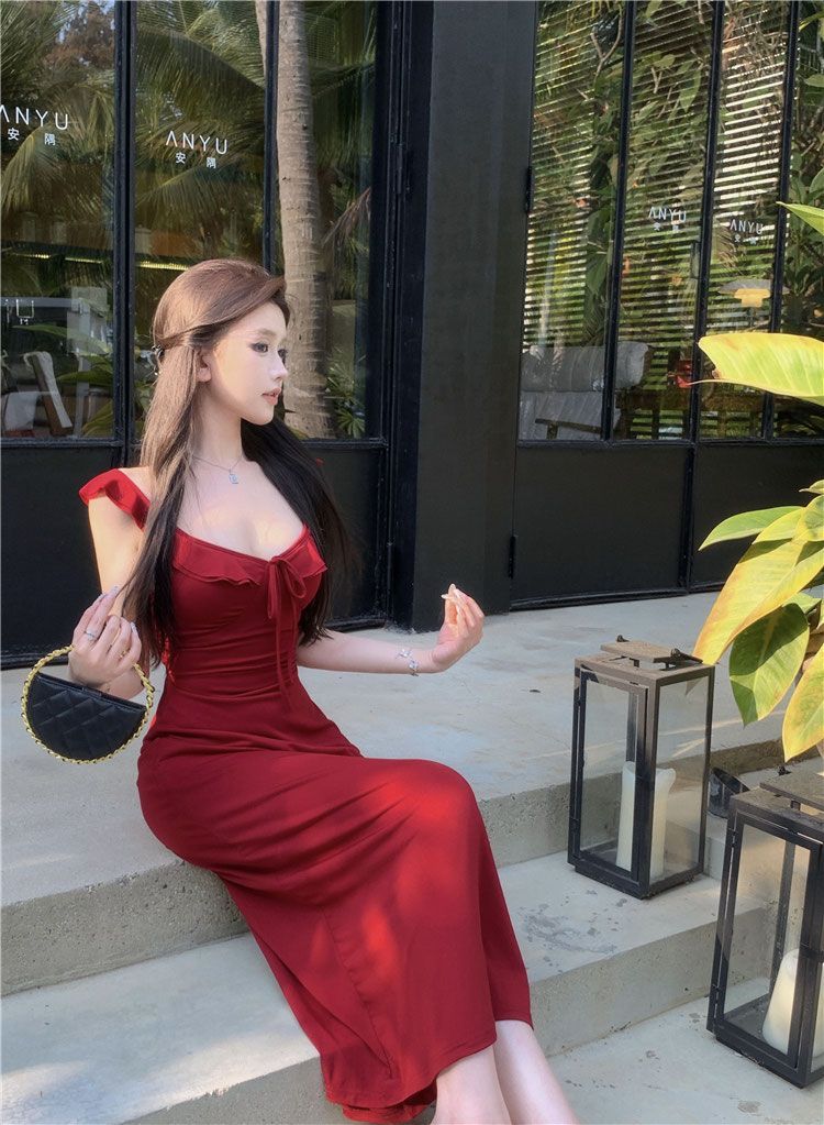 Wine Red Ruffle Tie-Strap Midi Dress – Pure Style A-Line Dress
