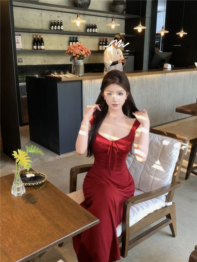 Wine Red Ruffle Tie-Strap Midi Dress – Pure Style A-Line Dress