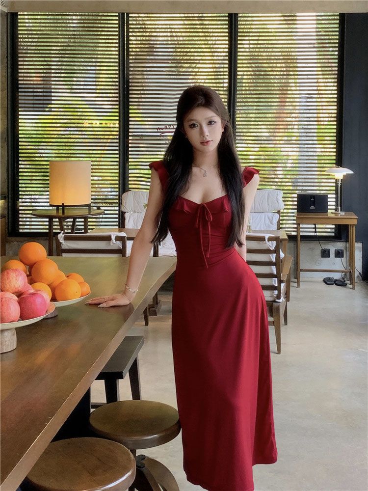 Wine Red Ruffle Tie-Strap Midi Dress – Pure Style A-Line Dress