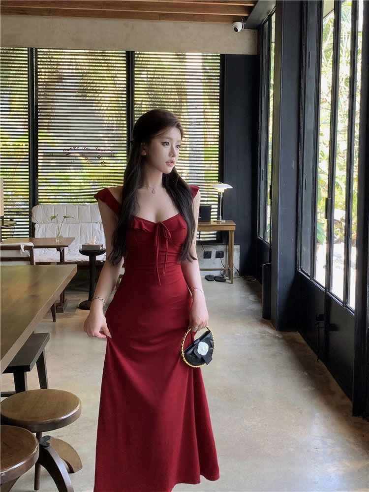 Wine Red Ruffle Tie-Strap Midi Dress – Pure Style A-Line Dress