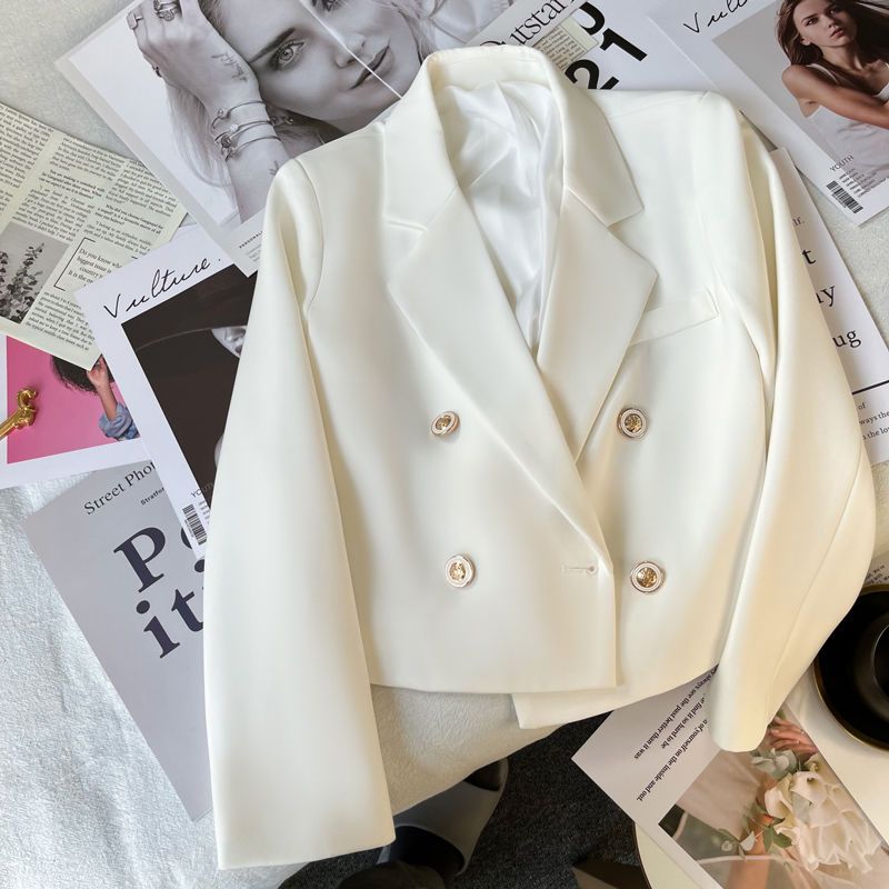 White Double-Breasted Fitted Short Blazer