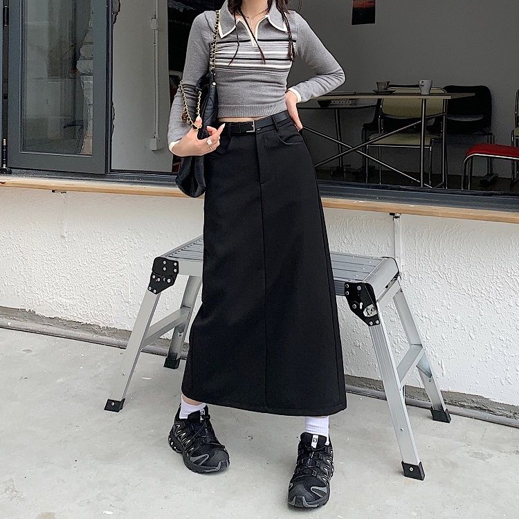 High Waist Black Utility Midi Skirt with Side Slit