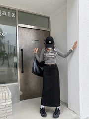 High Waist Black Utility Midi Skirt with Side Slit