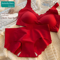 Red Seamless Push-Up Bridal Camisole Bra Set