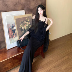 Sweet Spicy Spaghetti Strap Fishtail Dress Set with Lightweight Shawl