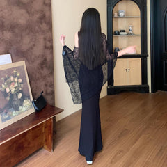 Sweet Spicy Spaghetti Strap Fishtail Dress Set with Lightweight Shawl