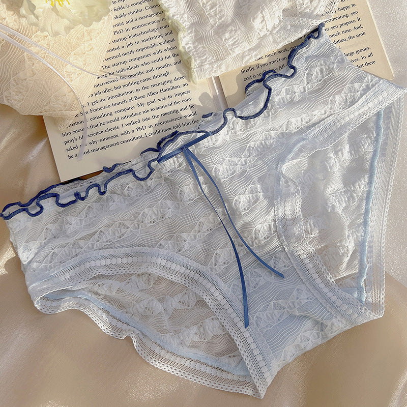 Low-Waist Ruffled Lace Panties with Embroidered Bow – Japanese Style Soft Breathable Briefs