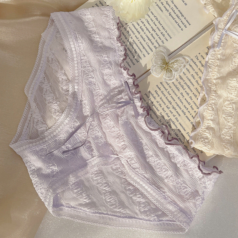 Low-Waist Ruffled Lace Panties with Embroidered Bow – Japanese Style Soft Breathable Briefs