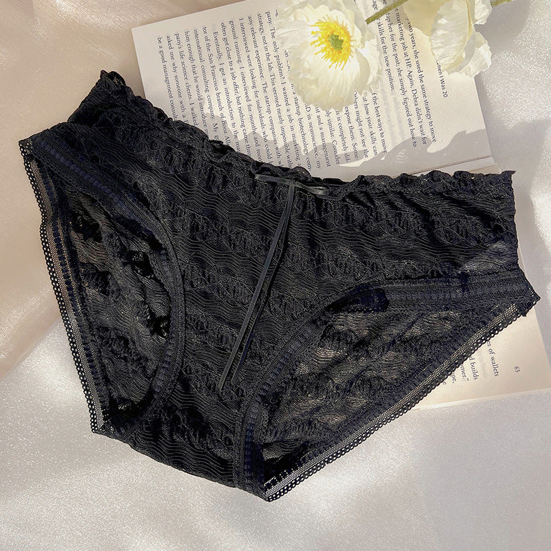 Low-Waist Ruffled Lace Panties with Embroidered Bow – Japanese Style Soft Breathable Briefs