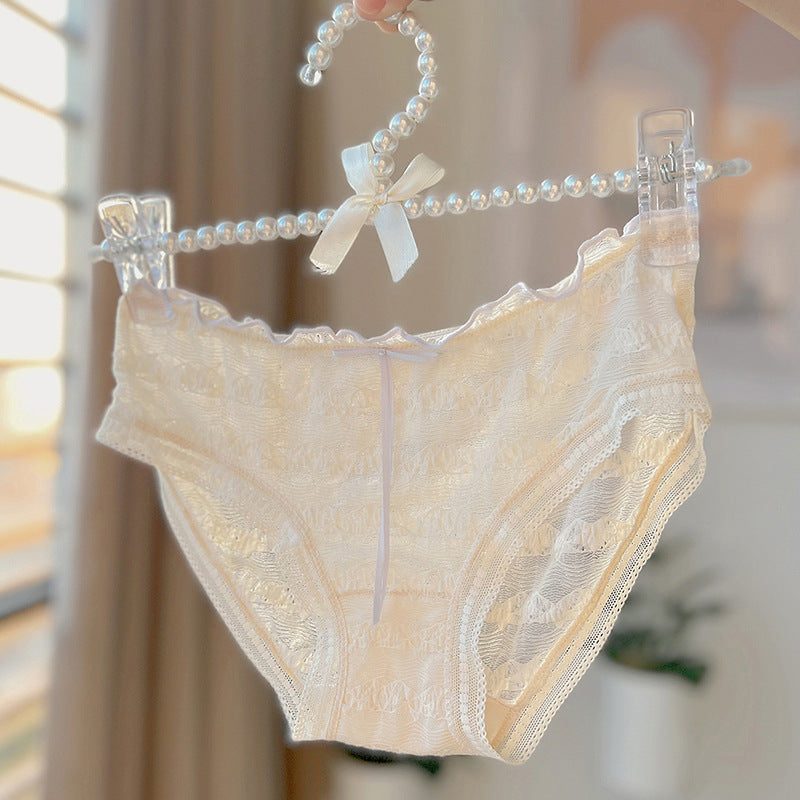 Low-Waist Ruffled Lace Panties with Embroidered Bow – Japanese Style Soft Breathable Briefs