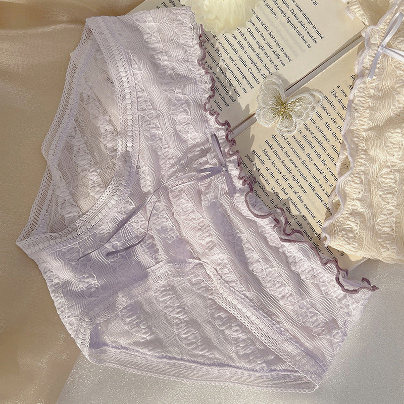 Low-Waist Ruffled Lace Panties with Embroidered Bow – Japanese Style Soft Breathable Briefs