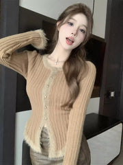 Women's Fuzzy Trim Long Sleeve Slim Fit Cropped Knit Cardigan