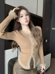 Women's Fuzzy Trim Long Sleeve Slim Fit Cropped Knit Cardigan