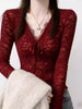 Red Brushed Lace Long Sleeve Top for Women