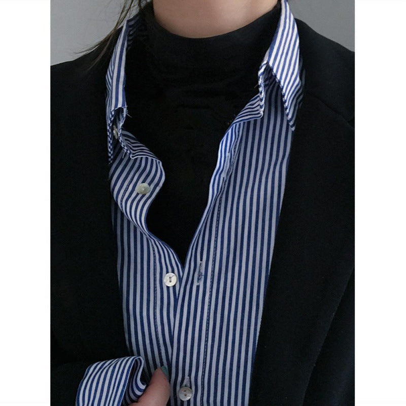 Women’s Retro Layered Blue Vertical Striped Shirt – Niche Design Casual Loose Fit