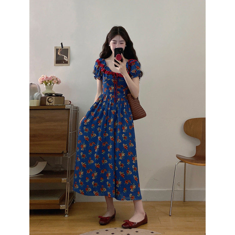 Elegant French Puff Sleeve Floral Maxi Dress – High-End Waist Slim Seaside Holiday Style